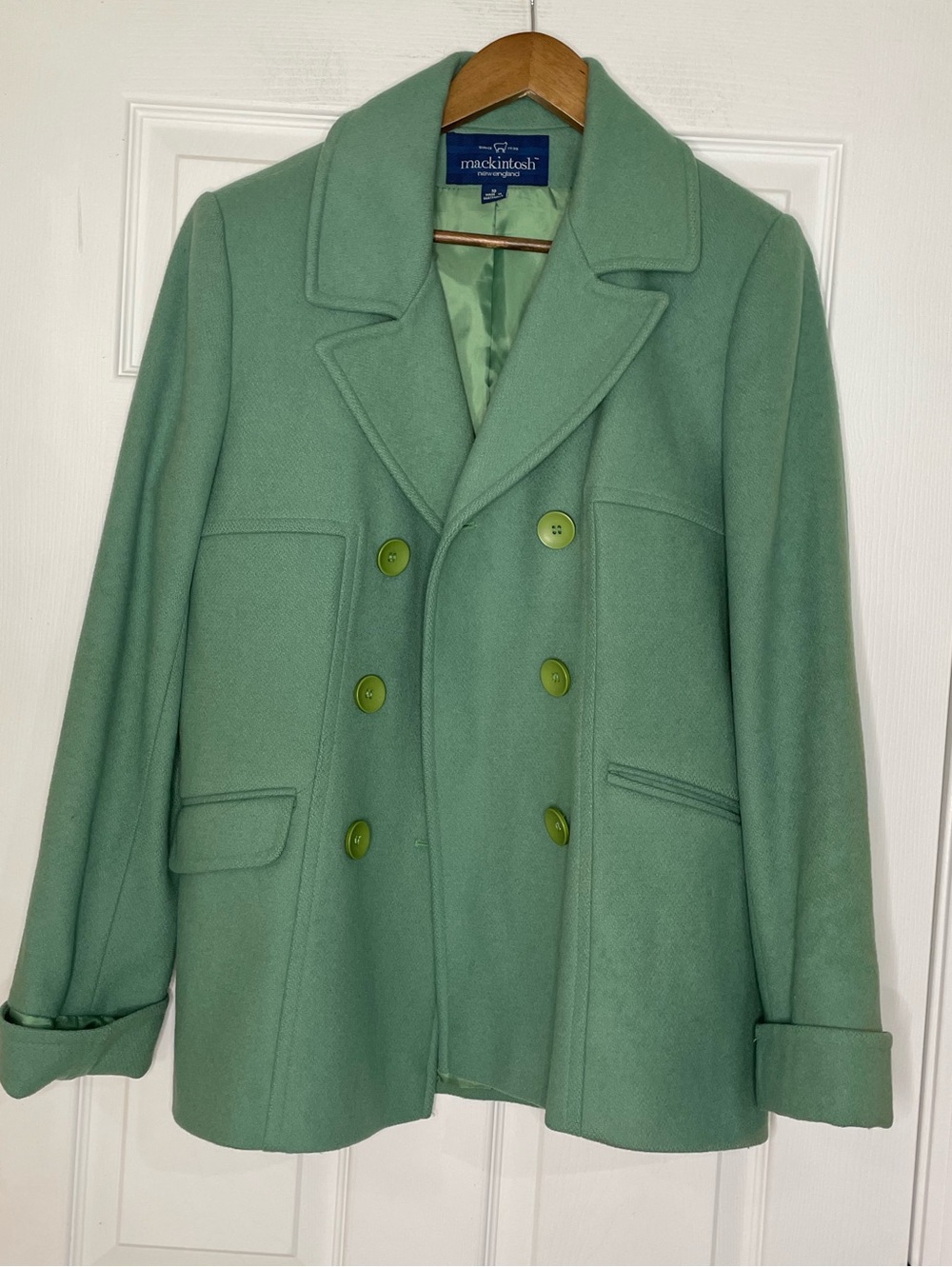 Mackintosh New England sage green double-breasted wool pea coat - size 10